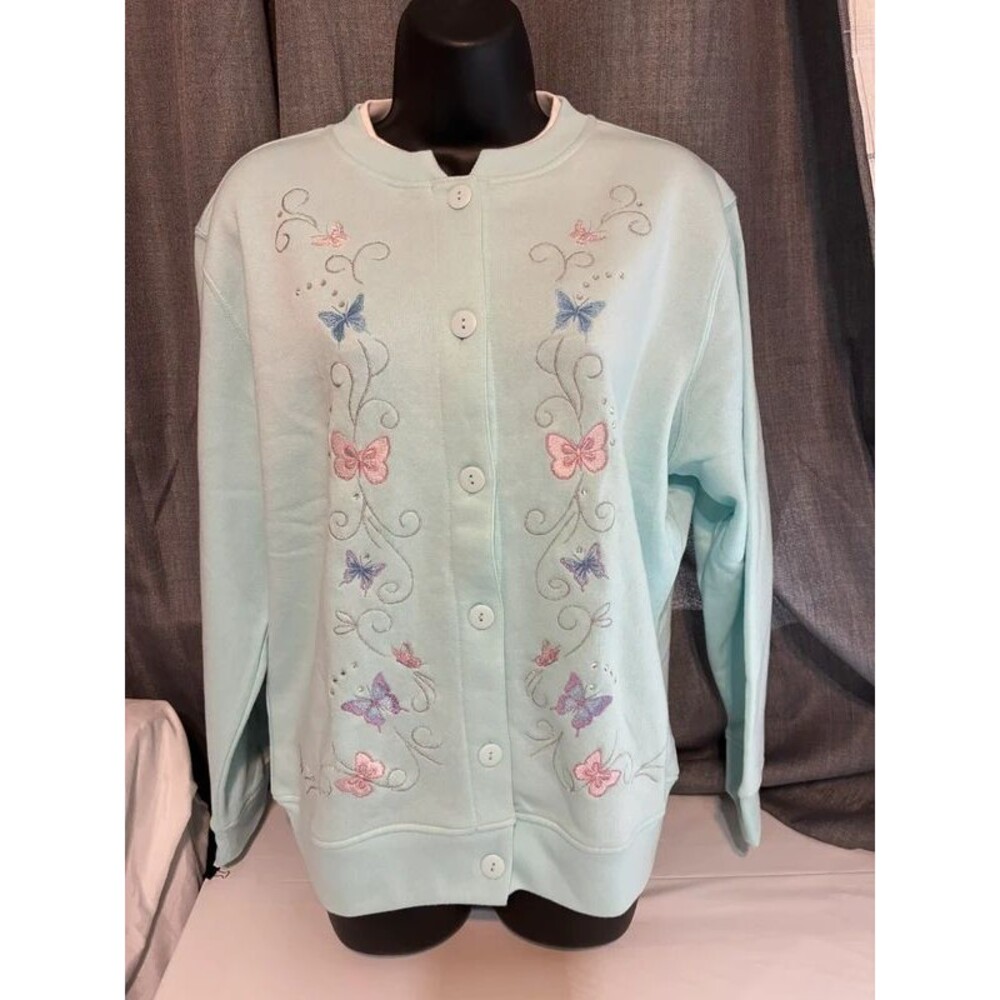 Grandma Core Butterfly Embroidered Blue Glow Cardigan Granny Chic Cottagecore